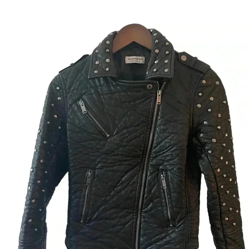 Glamorous Studded Faux Leather Moto Jacket XS Black Biker Punk Rocker Y2K - Picture 6 of 12